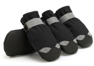 Set of four black fleece-lined dog boots with grey adjustable reflective straps
