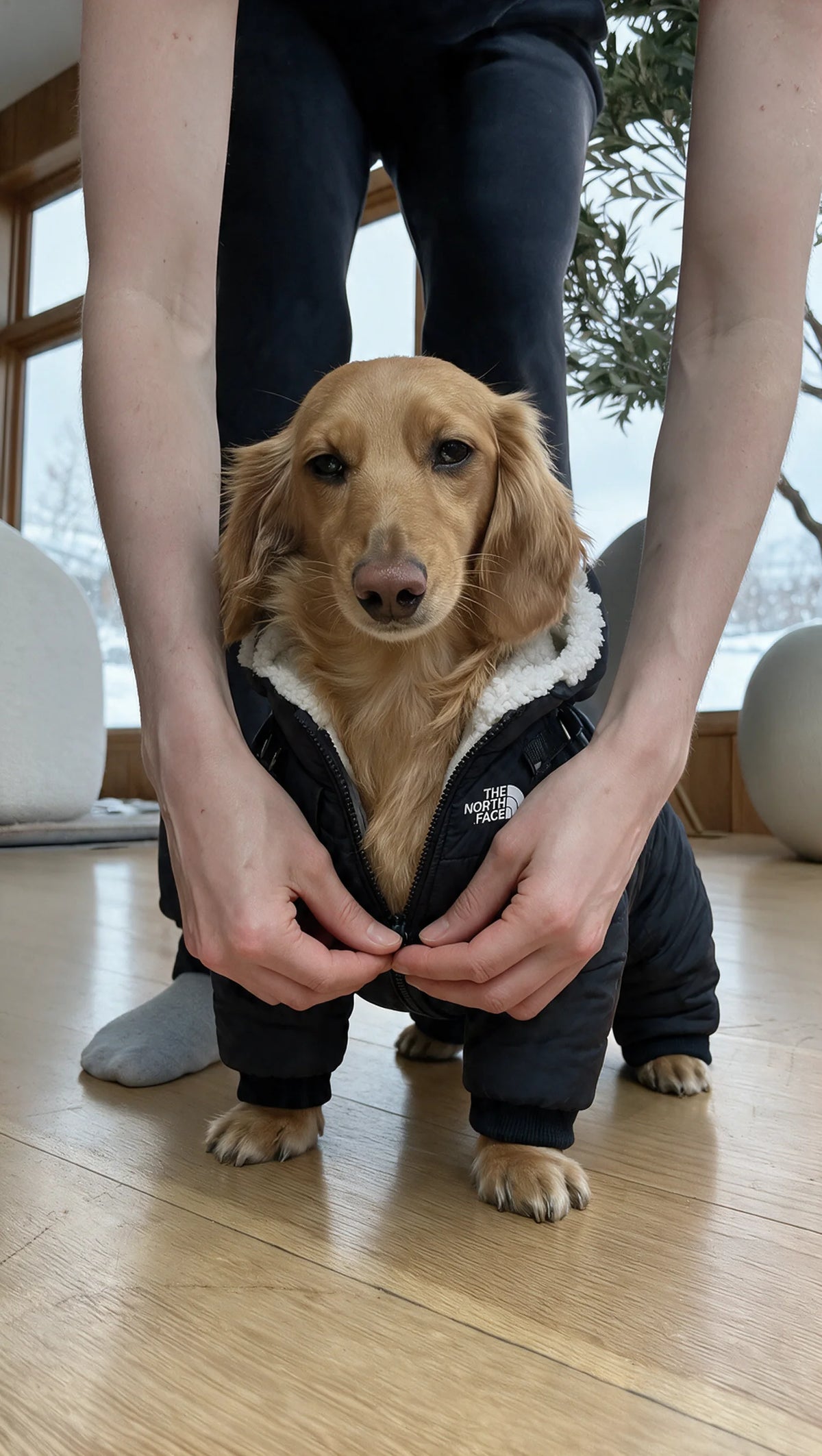 Winter snowsuit being fitted on a dachshund
