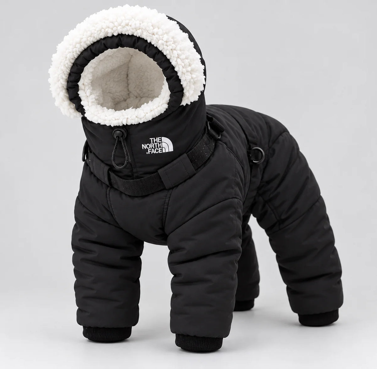 Black four-leg quilted winter snowsuit with white fluffy hood