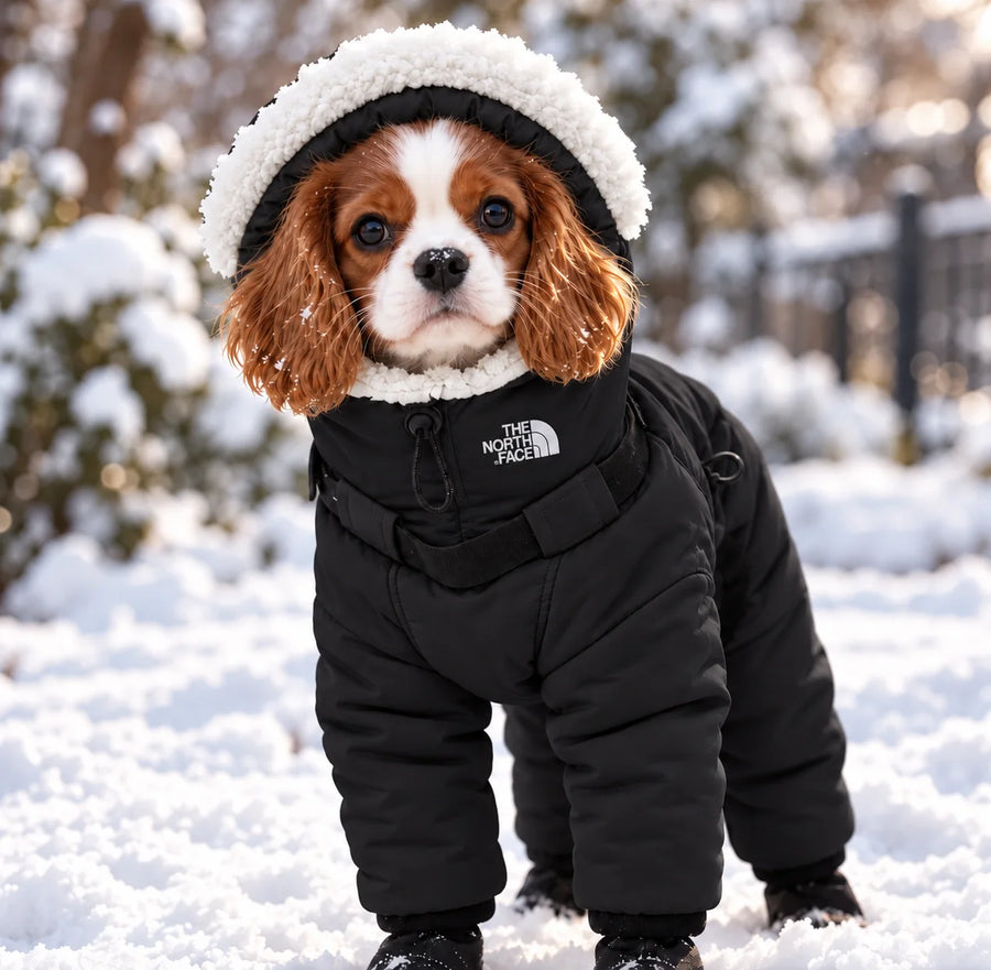 Dog in black winter snowsuit with white fluffy hood in snow