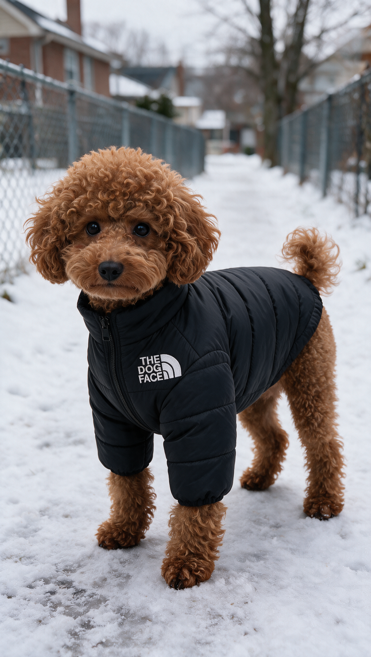 Copper poodle wearing a black Dog Face coat covering the back with two front sleeves and bare hind legs.