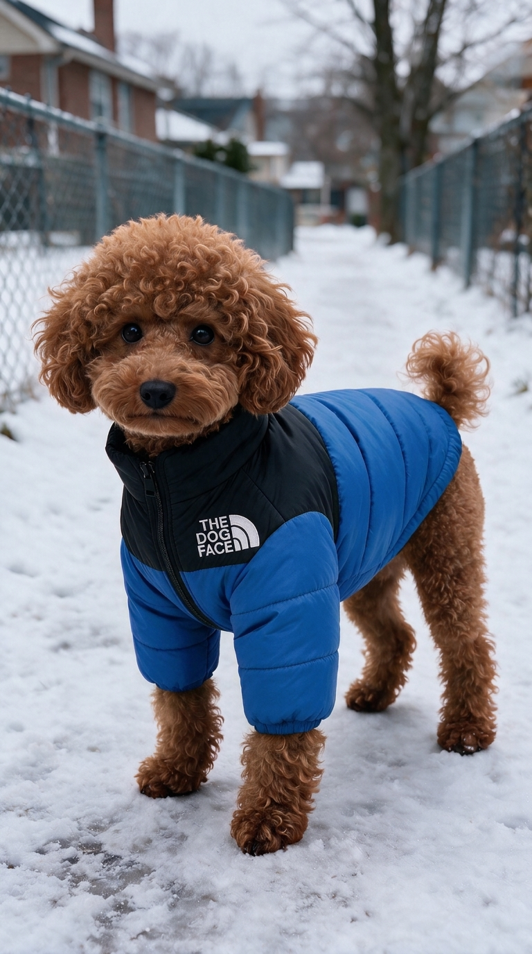 Copper poodle wearing a blue and black Dog Face puffer with a long padded back, two front sleeves and bare rear legs.