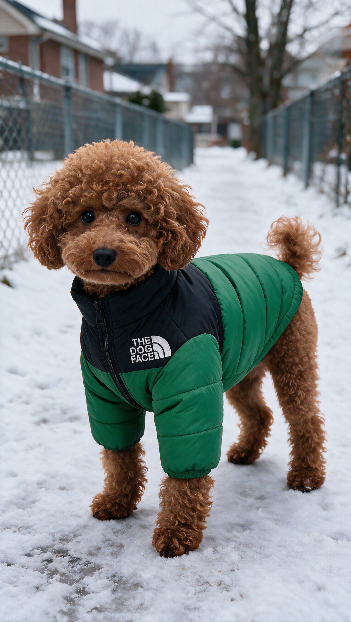 Copper poodle wearing a green and black Dog Face coat covering the back with two front sleeves and bare hind legs.