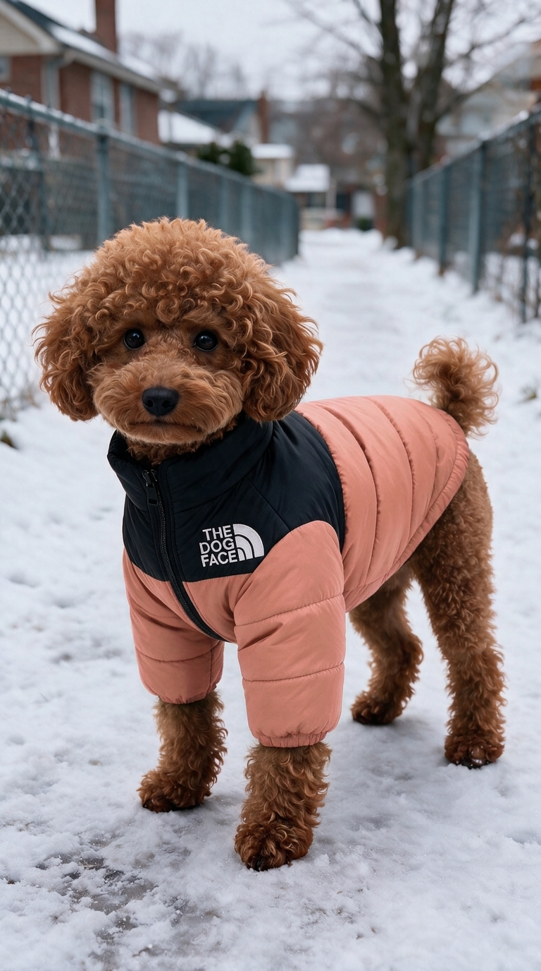 Copper poodle wearing a pink and black Dog Face puffer with a long padded back, two front sleeves and bare rear legs.