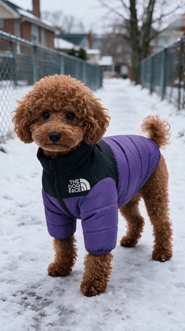 Copper poodle wearing a purple and black Dog Face puffer with a long padded back, two front sleeves and bare rear legs.