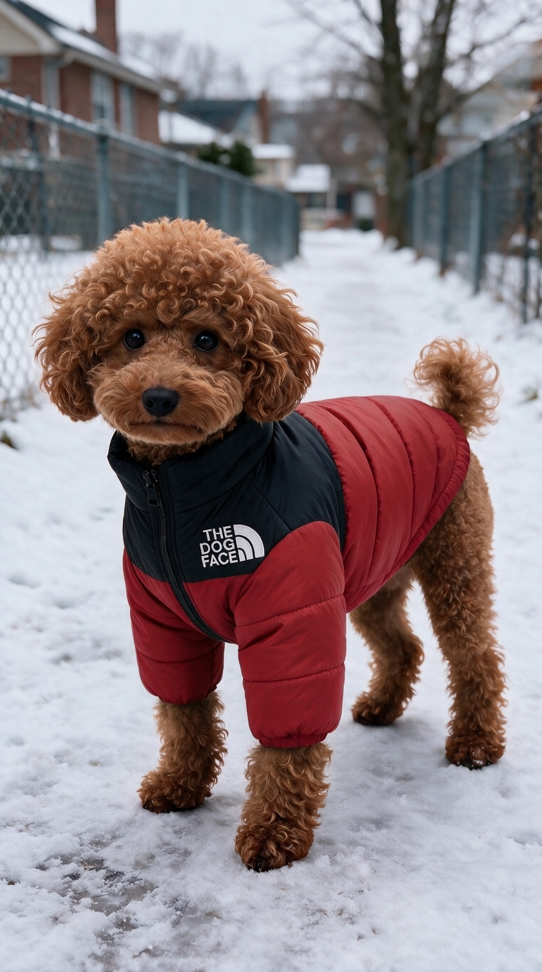 Copper poodle wearing a red and black Dog Face puffer with a long padded back, two front sleeves and bare rear legs.